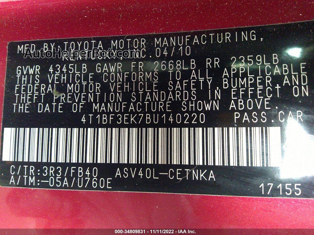 2011 Toyota Camry Красный vin: 4T1BF3EK7BU140220