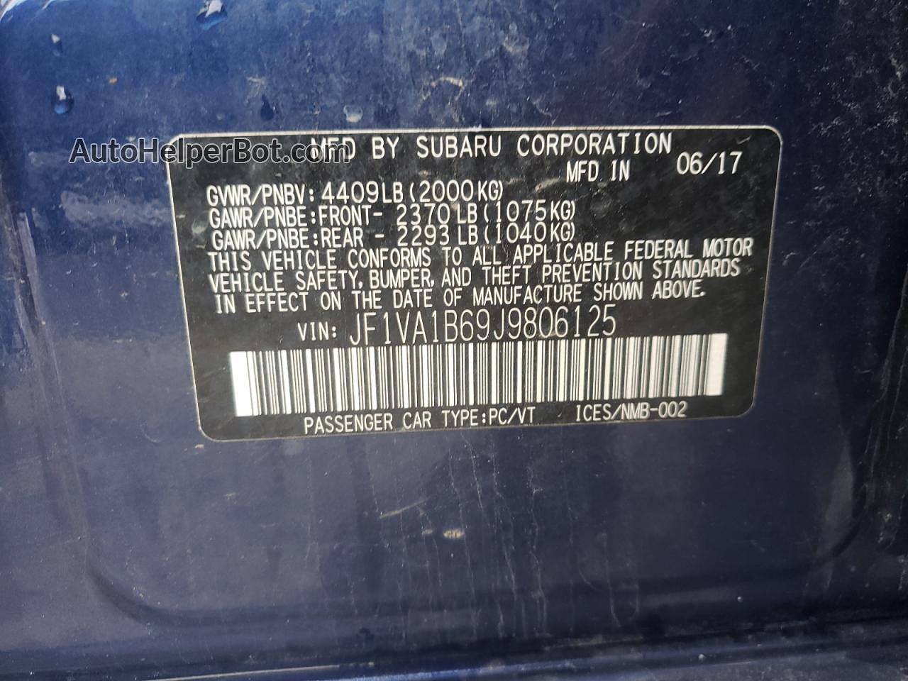 2018 Subaru Wrx  Синий vin: JF1VA1B69J9806125