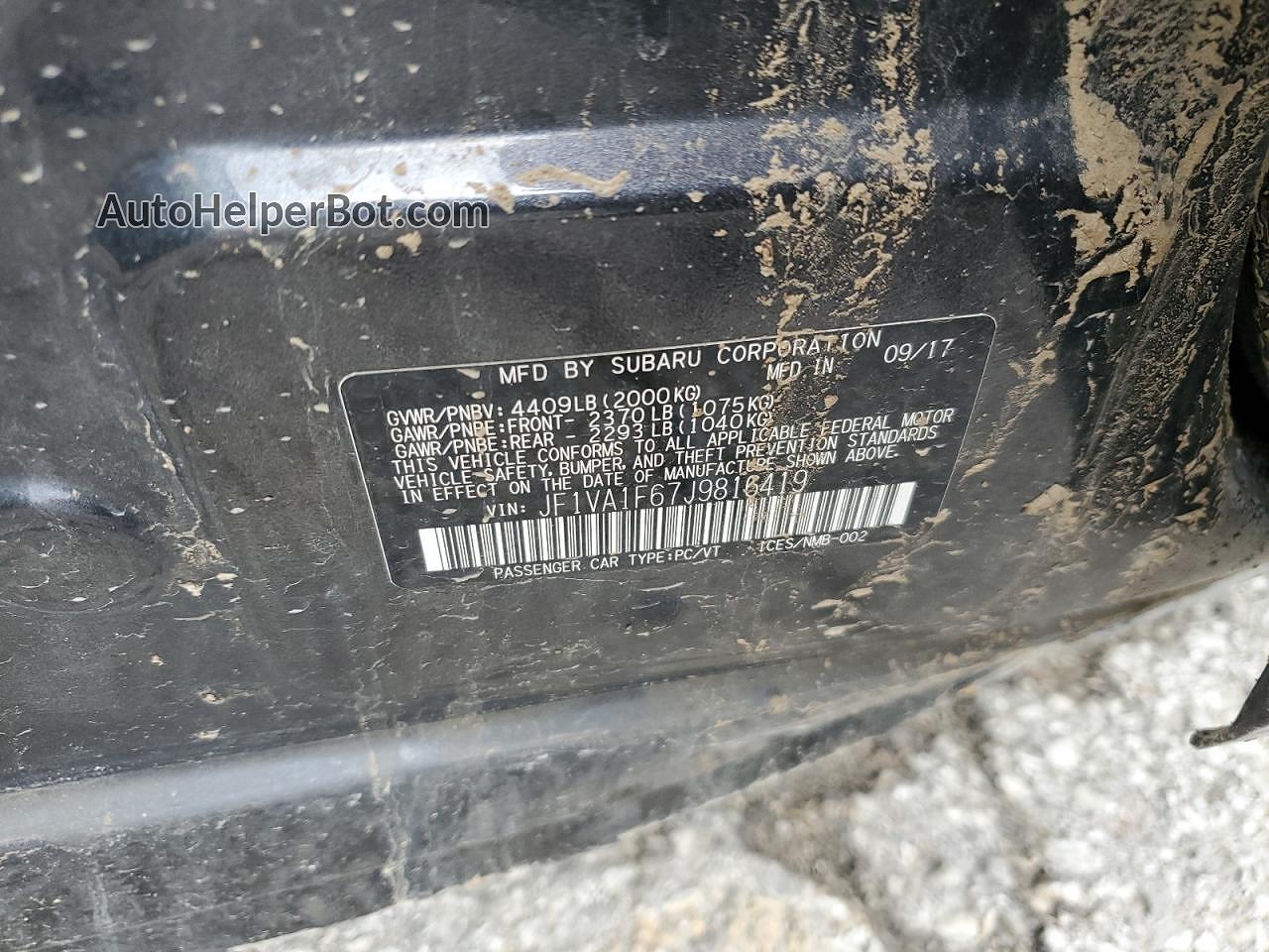 2018 Subaru Wrx Limited Черный vin: JF1VA1F67J9816419