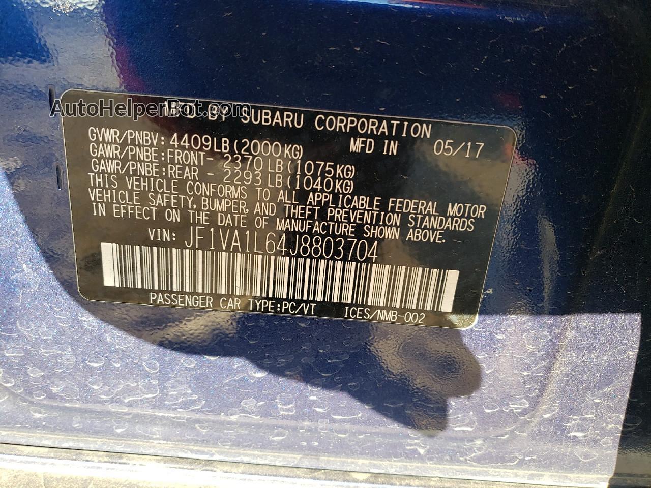 2018 Subaru Wrx Limited Синий vin: JF1VA1L64J8803704